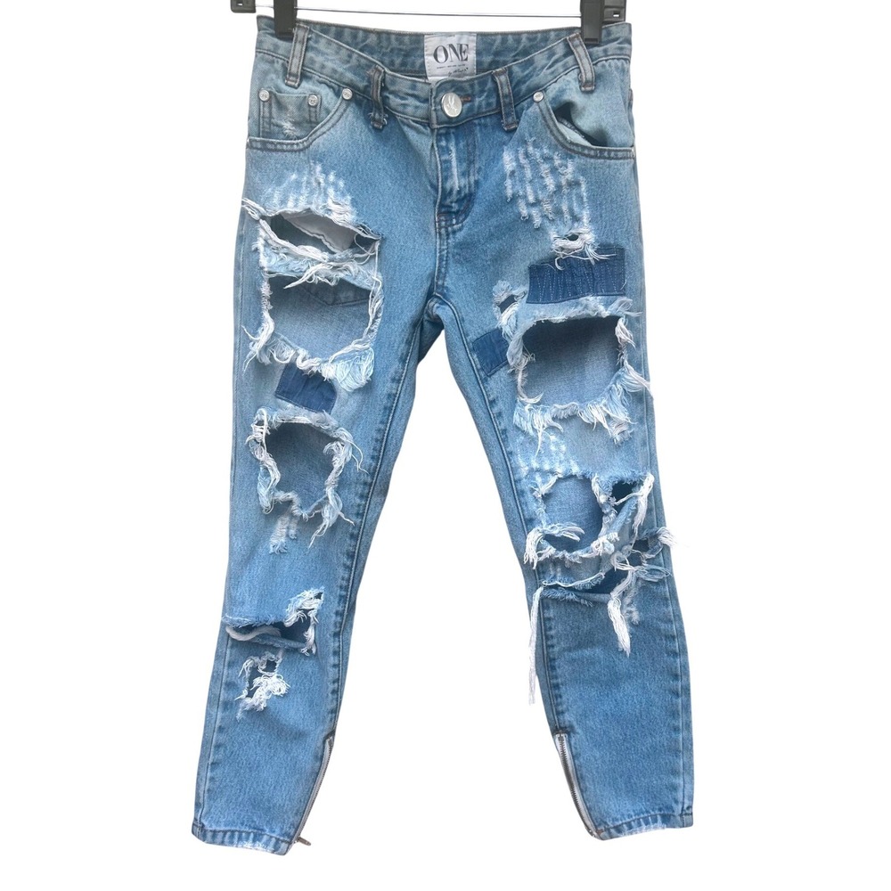 One Teaspoon Trashed Free Birds Distressed Skinny Jeans Light Wash Blue‎ Size 26
